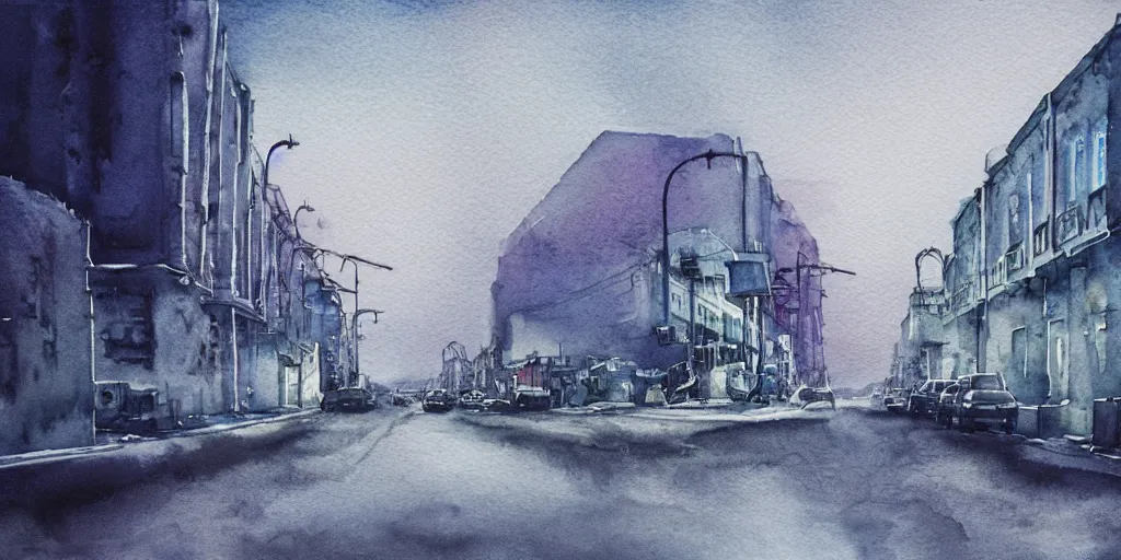 Image similar to norilsk russian town, lunar spimoonwalker photo, city street on the moon, a detailed image of a future norilsk base, sci fi, minimal masterpiece watercolor painting, trending on artstation