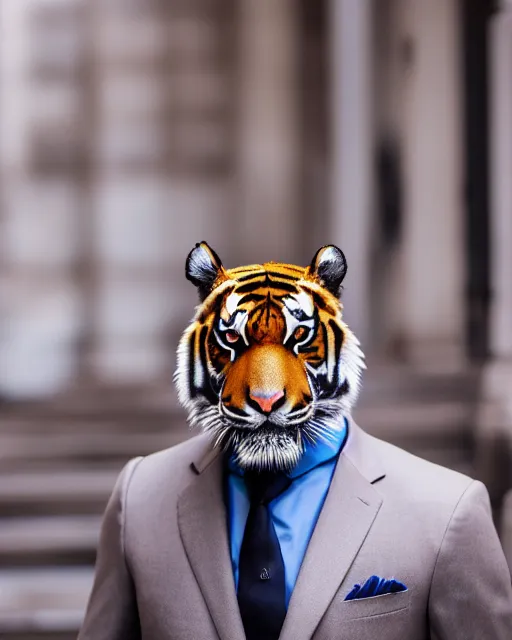 Image similar to high quality presentation photo of a tiger dressed in a suit, photography 4k, f1.8 anamorphic, bokeh, 4k, 85mm lens