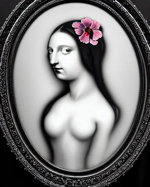 Image similar to black and white masterpiece profile portrait painting with no frame, dutch masters, one steampunk eye silver lace floral biomechanical beautiful young female cyborg, big monocular, volumetric light, hibiscus flowers, by dora maar, rim light, big gothic fashion pearl embroidered collar, 8 k