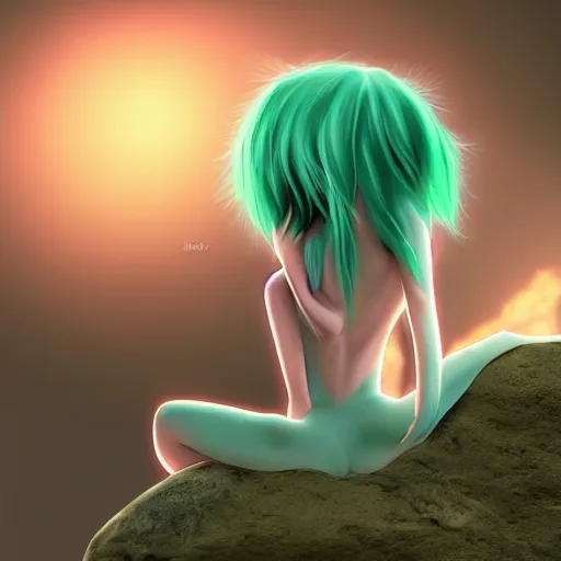 Image similar to anime girl with green hair, meditating on a rock, digital art,