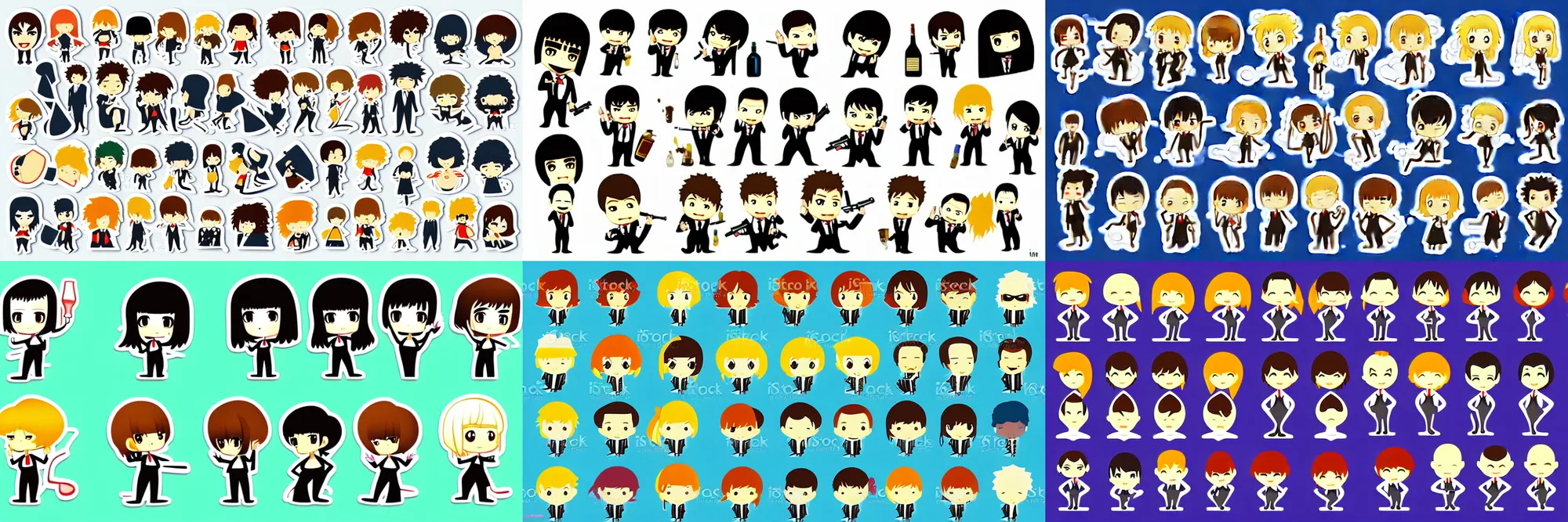 Prompt: pixiv chibi character sticker sheet for pulp fiction, clean vector art