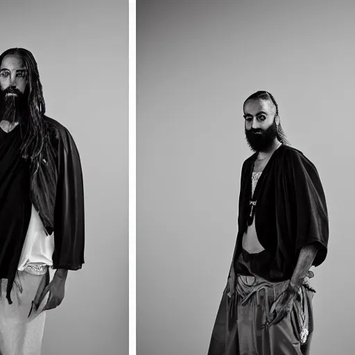 Image similar to a studio photoshoot lookbook portrait of jesus wearing virgil abloh and jerry lorenzo streetwear by nicola samori, fear of god style