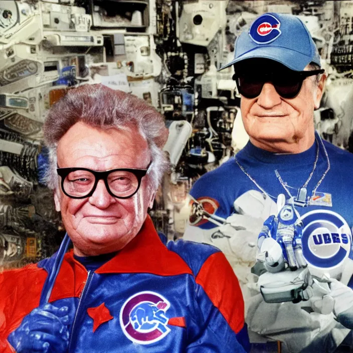 Prompt: a sci - fi hologram of chicago cubs announcer harry caray in space, universe, lasers, galaxy, cyberpunk