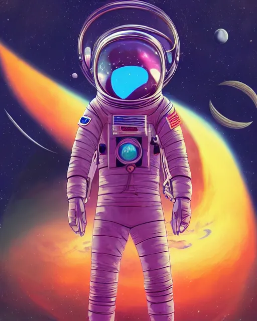 Prompt: wide shoot an ethereal cosmonaut lie relaxed on a crescent moon between the stars and the planets in outer space, cosmonaut post grunge concept art,high detail,4k, trending on artstation by josan gonzalez and alex gray and tyler edlin