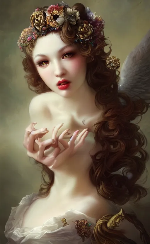 Image similar to pop surrealism, rococo, baroque hair, angelic young female seductive - fine - face, pretty face, key visual, realistic shaded perfect face, fine details by stanley artgerm lau, wlop, mark ryden, andrei riabovitchev, marc simonetti, and sakimichan, trending on artstation