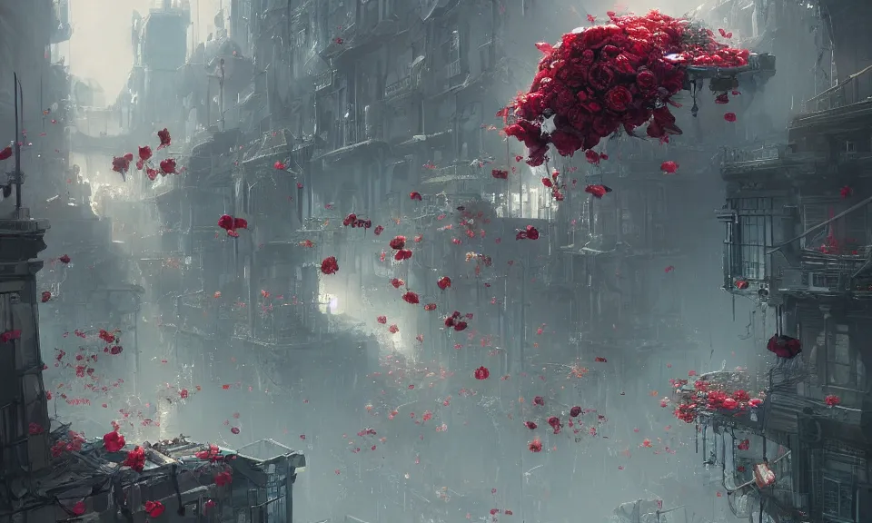 Prompt: roses falling over a city, Greg Rutkowski, ArtStation, CGSociety, Unreal Engine