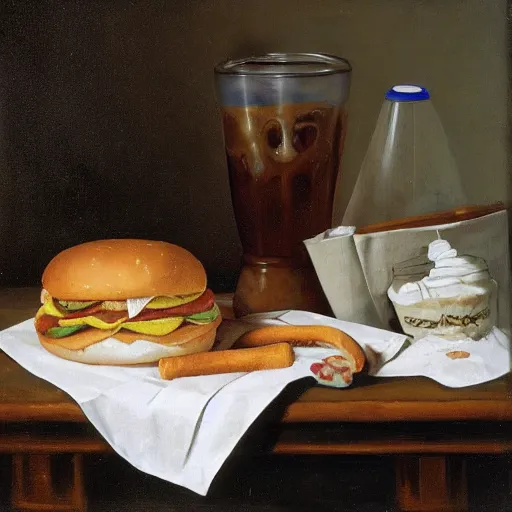 Prompt: McDonalds wrapper on table, milkshake, Dutch Still Life of the 1600s, oil painting