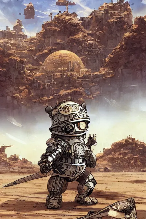 Image similar to anthropomorphic rodent with white and black ancestral ornate japanese tactical gear on an abandonment desert planet, high intricate details, long shot, rule of thirds, golden ratio, graphic novel by fiona staples and dustin nguyen, by beaststars and orange, peter elson, alan bean, studio ghibli, makoto shinkai