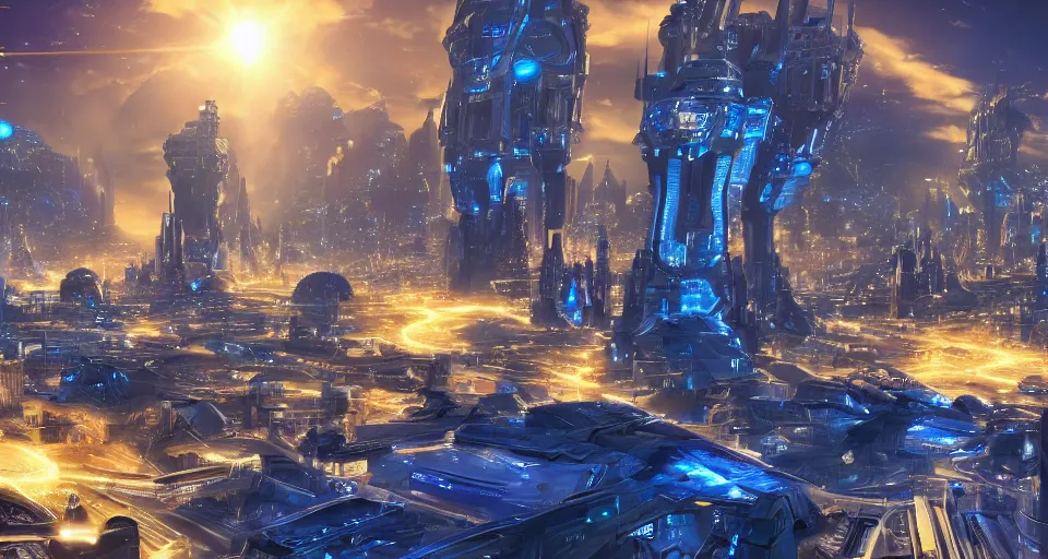 Prompt: a giant, futuristic city where everything is off the ground and is colored blue and gold, in the style of a star wars city, computer wallpaper