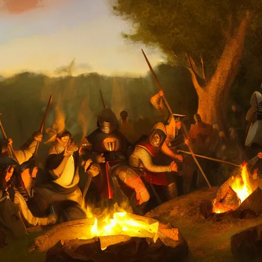 Image similar to a painting of medieval knights toasting marshmallows and making s'mores around the campfire in the style of howard pyle. volumetric lighting. 8 k resolution. best detail. trending on artstation trending on deviantart