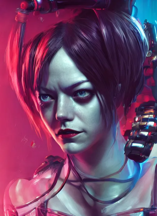 Image similar to cyberpunk portrait of emma stone as harley quinn, hyper detailed, digital art, trending in artstation, cinematic lighting, studio quality, smooth render, unreal engine 5 rendered, octane rendered, art style by klimt and nixeu and ian sprigger and wlop and krenz cushart.