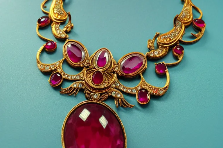 Prompt: highly detailed oil painting, front view, very realistic gemstones, art nouveau, ornate, delicate, brilliant ruby necklace, necklace on display, dramatic light,
