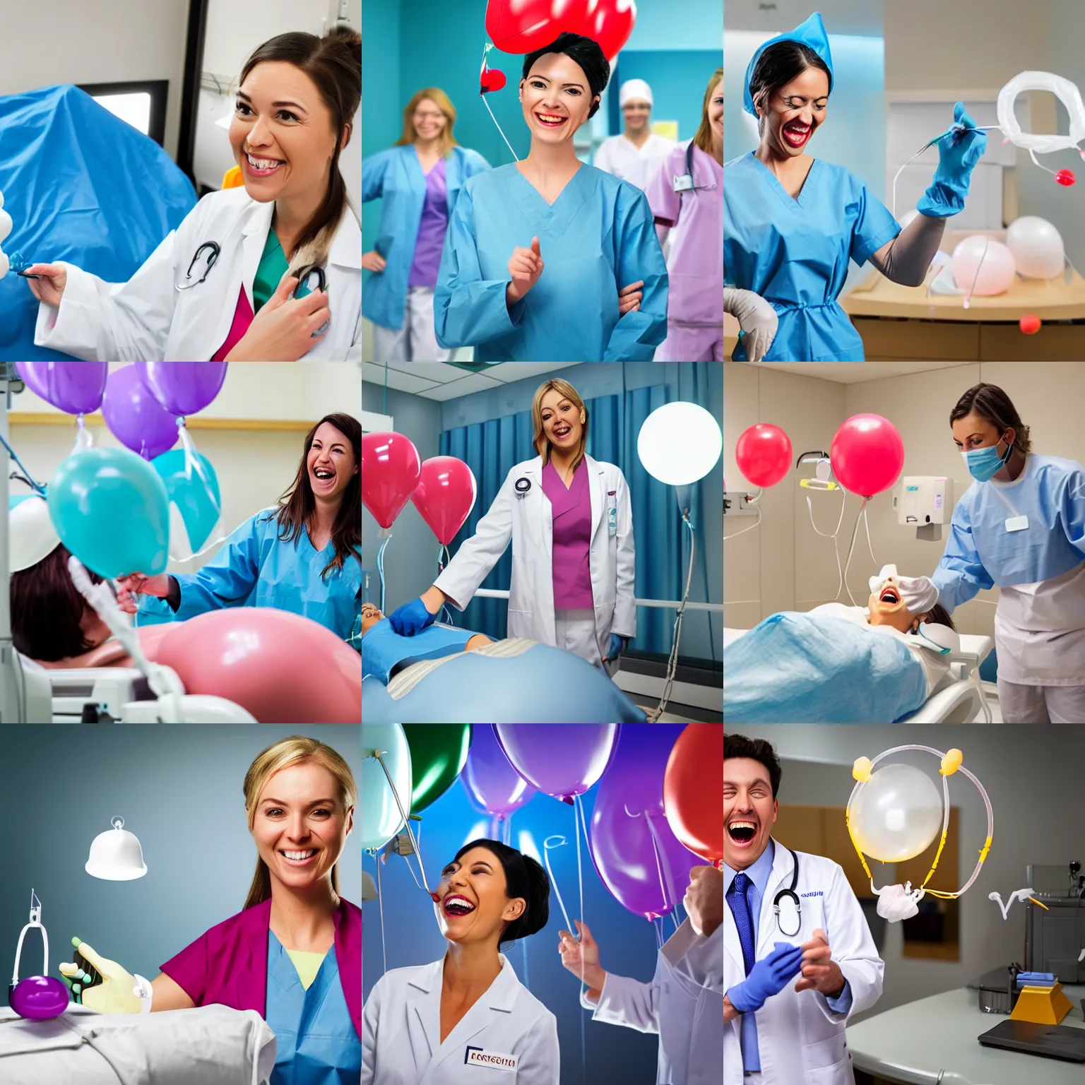 Prompt: mean surgeon laughing maniacally hyperrealistic detailed style brightly lit room operating on a female patient balloons coming out of her abdomen