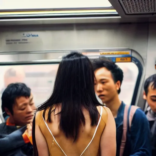 Prompt: a asian girl with backless dress in a crowded subway train