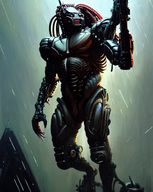 Image similar to the predator as a cyborg fantasy character portrait, ultra realistic, wide angle, intricate details, blade runner artifacts, highly detailed by peter mohrbacher, boris vallejo, hajime sorayama aaron horkey, gaston bussiere, craig mullins