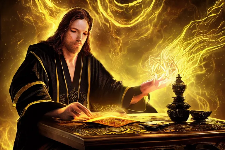 Image similar to a warlock wearing a black robe with golden embroidery, sitting at a table with grimoires, casting a spell, green glows, in the style of magic the gathering, dramatic lighting, highly detailed digital art