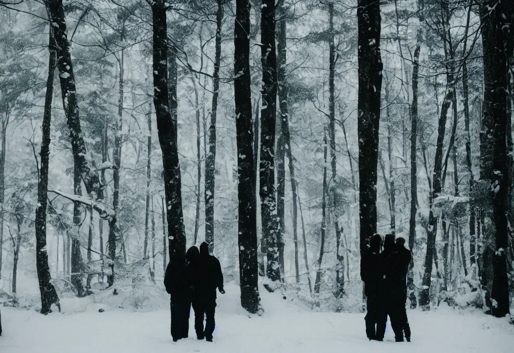 Image similar to lomo photo of two human silhouettes standing in front of a modern forest cabin in the snow, cinestill, bokeh, out of focus, day, dramatic lighting