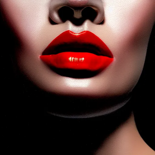 Image similar to photo of a woman with black hair and a red lipstick, a photorealistic painting by wang duo, beauty campaign, photoshoot, featured on cg society, photorealism, behance hd, ultrafine detail, high detail,