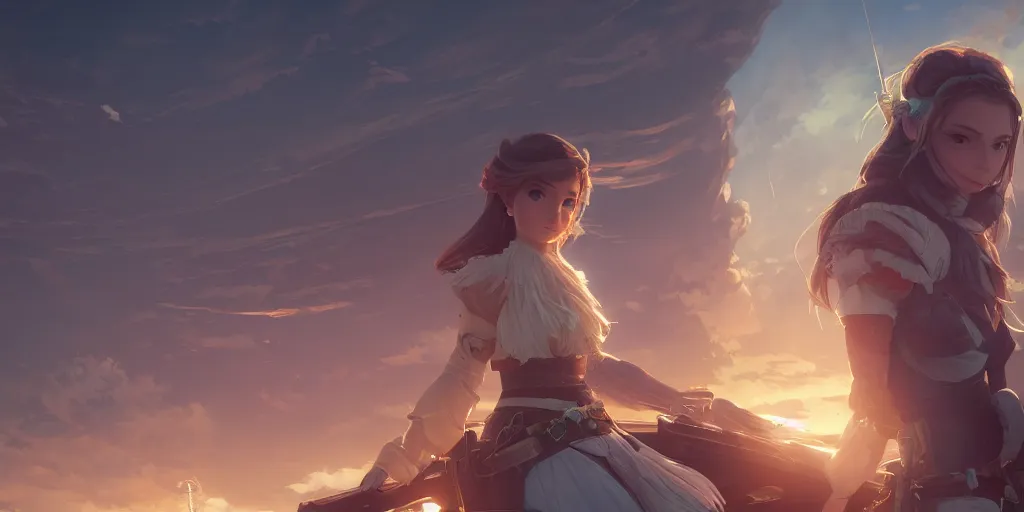 Image similar to portrait girl of the white herald on an imperial airship, forbidden west, horizon zero, dawn radiating a glowing aura, global illumination, ray tracing, hdr, fanart, arstation, by makoto shinkai & ian pesty & alena aenami, artworks in 4 k