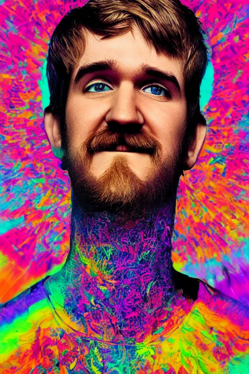 Image similar to inspirational style hope poster of bo burnham with beard, psychedelic colors, highly detailed, realistic, loving