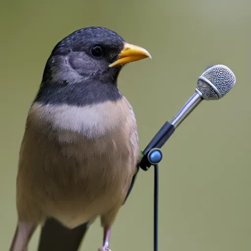 Image similar to A photograph of a bird wearing headphones and speaking into a microphone