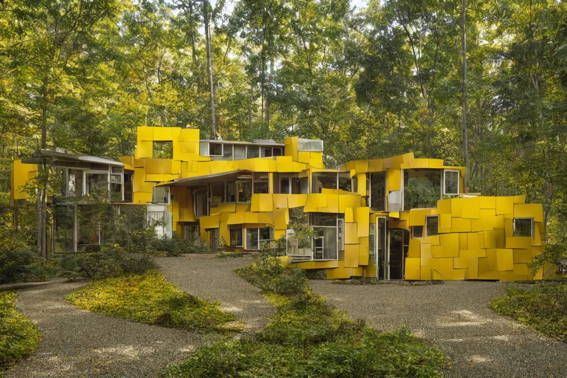 Image similar to a mid century modern house in a forest, designed by Frank Gehry. Tiles. Small gravel driveway . Film grain, cinematic, yellow hue