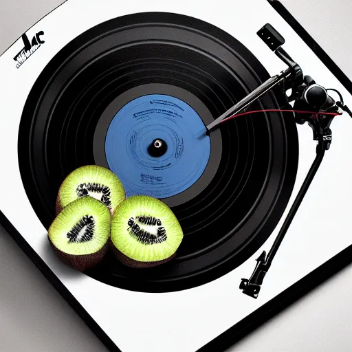 Prompt: vinyl turntable vinyl record in shape of huge kiwi fruit, 4 k, digital art, unreal render, hyperrealistic textures