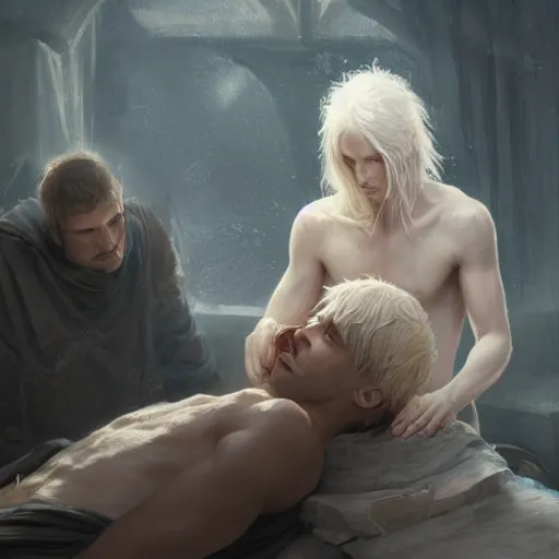 Prompt: portrait of an aasimar man with platinum blonde hair healing a wounded man with holy magic, detailed, realistic, Greg Rutkowski, 4k, pensive