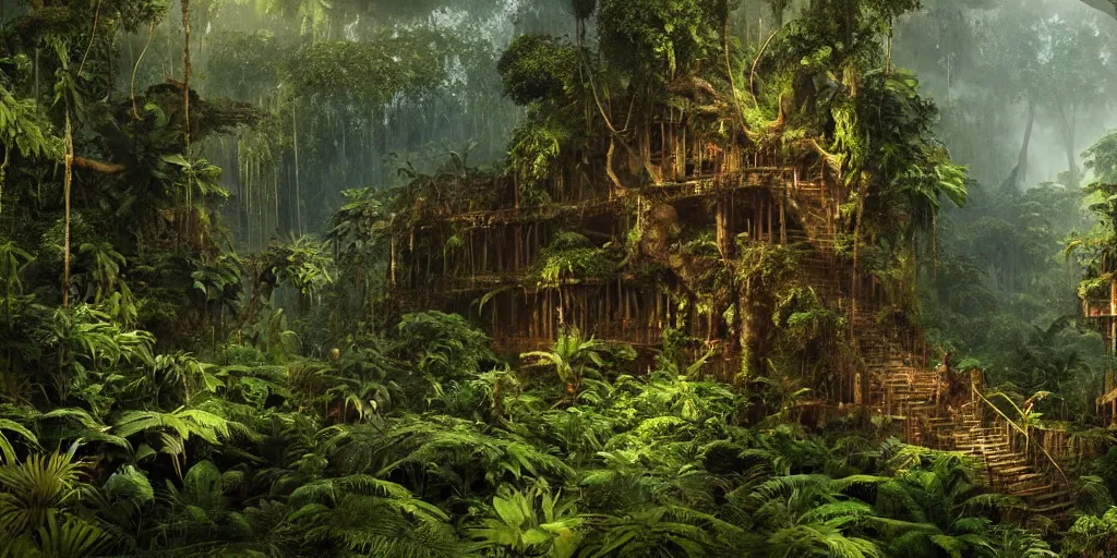 Image similar to amazon jungle, wall wood fortress, Photorealistic, plants environment, wide angle, establishing shot, cinematic lighting, atmospheric, realistic, octane render, highly detailed, color graded, matte painting in the style of craig mullins