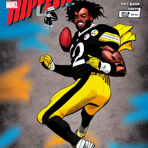 Image similar to detailed najee harris jumping over defender, steelers uniform, in the style of a marvel comic book, realistic, trending on artstation