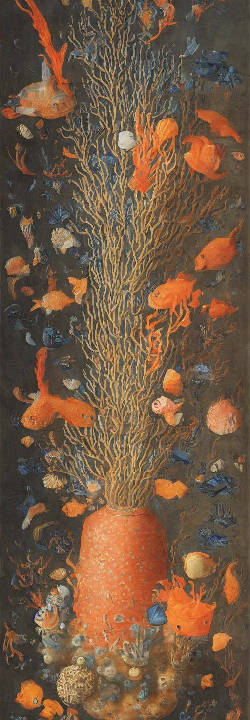 Prompt: bottle vase of coral under the sea decorated with a dense field of stylized scrolls that have opaque outlines enclosing mottled blue washes, with orange shells and purple fishes, Ambrosius Bosschaert the Elder, oil on canvas, hyperrealism, around the edges there are no objects