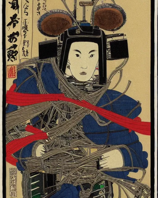 Prompt: Kuniyoshi portrait of a robot saint made of cables and robotic pod