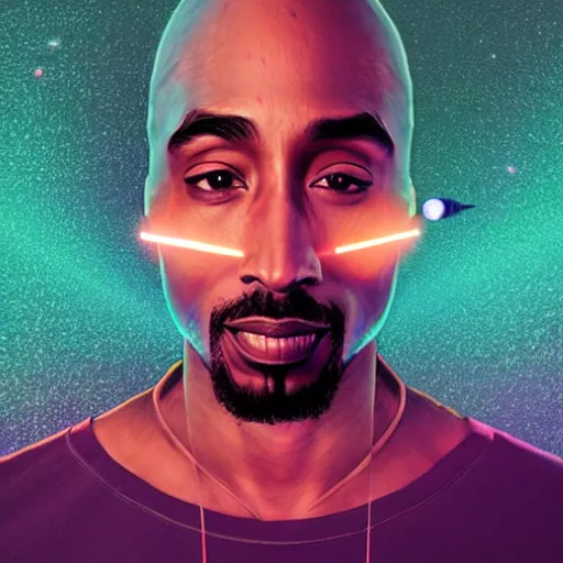 Prompt: giant tupac head shooting lasers from eyes, floating in space, by beeple, art station, perfect lightning, detailed