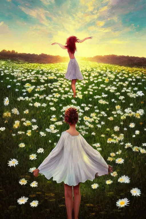 Image similar to giant white daisy flower as head, girl dancing in a flower field, surreal photography, sunrise, dramatic light, impressionist painting, colorful clouds, digital painting, artstation, simon stalenhag