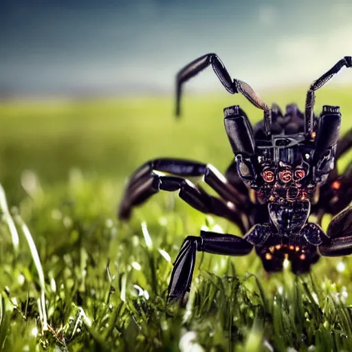 Image similar to a mechanical scorpion in a field surrounded by nanobots