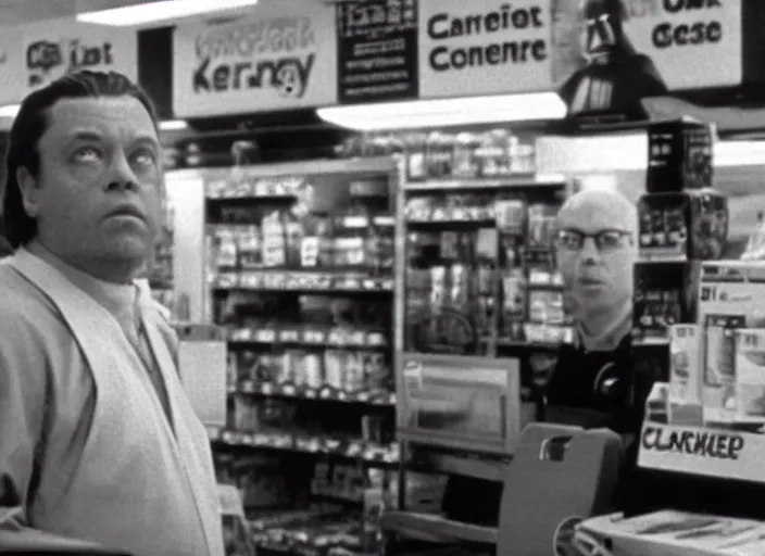 Image similar to film still of Darth Vader working as a clerk in a convenience store in the new Clerks movie 1994