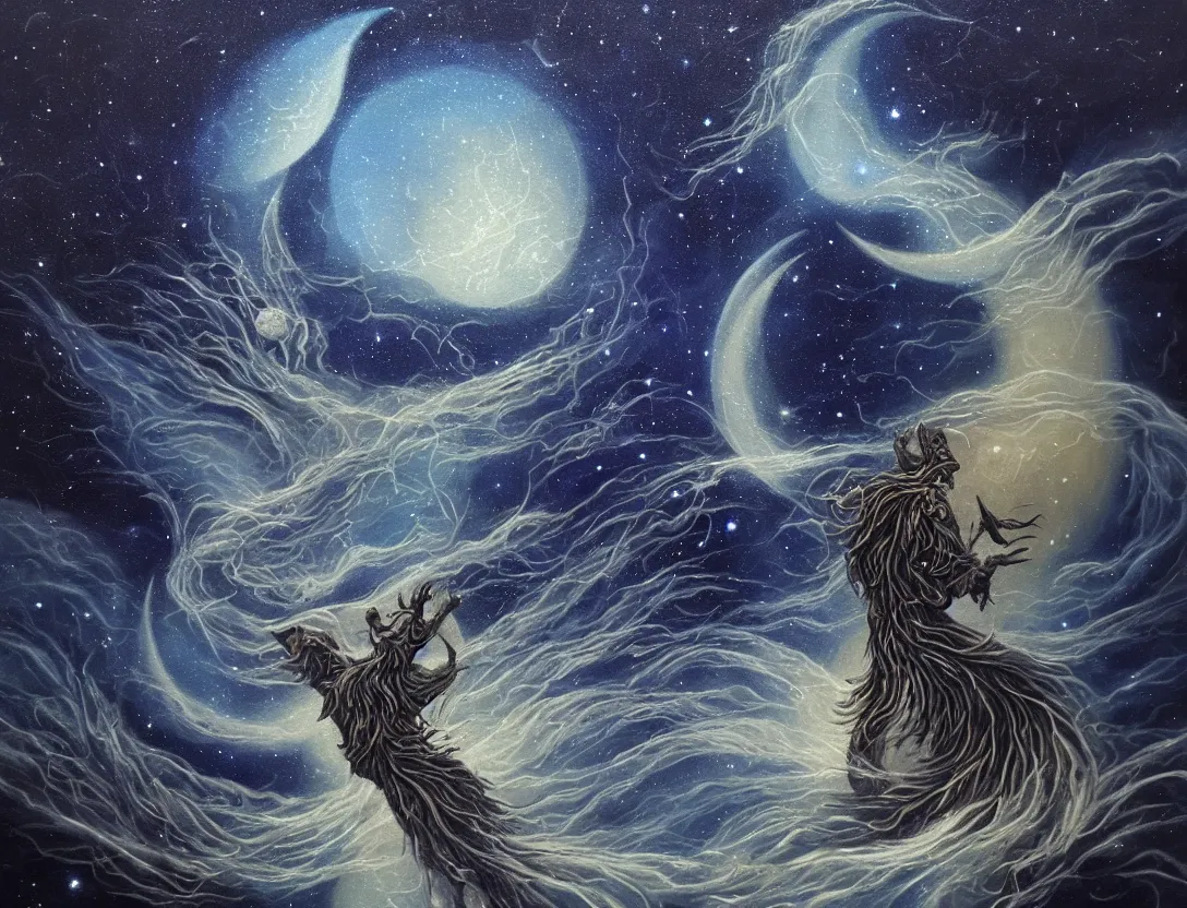 Prompt: To every living being, and every living soul. Now cometh the age of the stars. A thousand year voyage under the wisdom of the Moon. Here begins the chill night that encompasses all, reaching the great beyond. Into fear, doubt, and loneliness... As the path stretches into darkness. Oil painting, clear, trending on artstation, fantasy, monochromatic colour palette, dark colours, in the style of Alena Aenami, 4k, digital, dark aesthetic