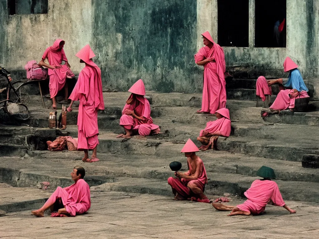 Image similar to 3 5 mm photography taken by harry gruyaert, pink monks in vietnam, sun and shadows, 1 9 7 0 s kodachrome colour photo