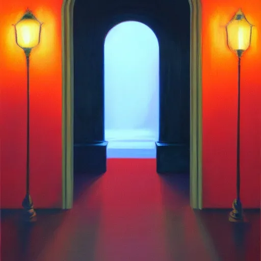 Image similar to entrance to ethereal realm, cinematic and highly detailed oil painting by josep tapiro baro and edward hopper, trending on artstation, oil painting masterpiece, symmetry, mysterious, very aesthetic, cinematic and dramatic red light, 4 k,