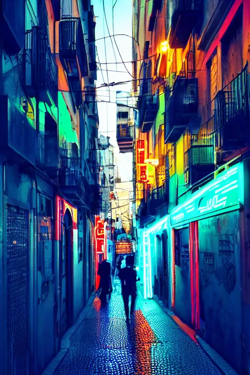 Prompt: neon streets of lissabon, 4 k, award winning photo, cyberpunk style