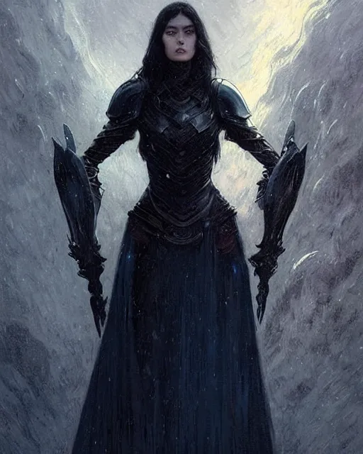 Image similar to a beautiful woman dark hair in an armor with dark eyes, elegant, dark blue, ethereal horror fantasy art by greg rutkowski and magali villeneuve and claude monet