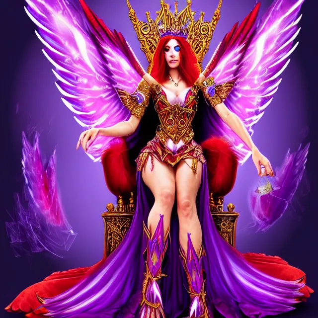 Image similar to Princess sorceress with red flaming bird wings on her back and sitting on an ornate throne dressed in a fancy purple dress, beautiful realistic symmetrical defined face, anatomically correct, Fantasy, Full Portrait, High detail, realistic, planeswalker