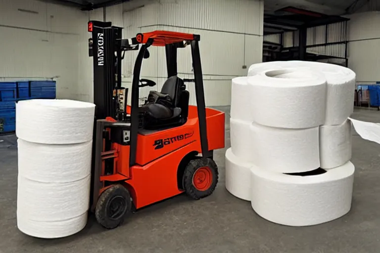 Prompt: a forklift made out of toilet paper