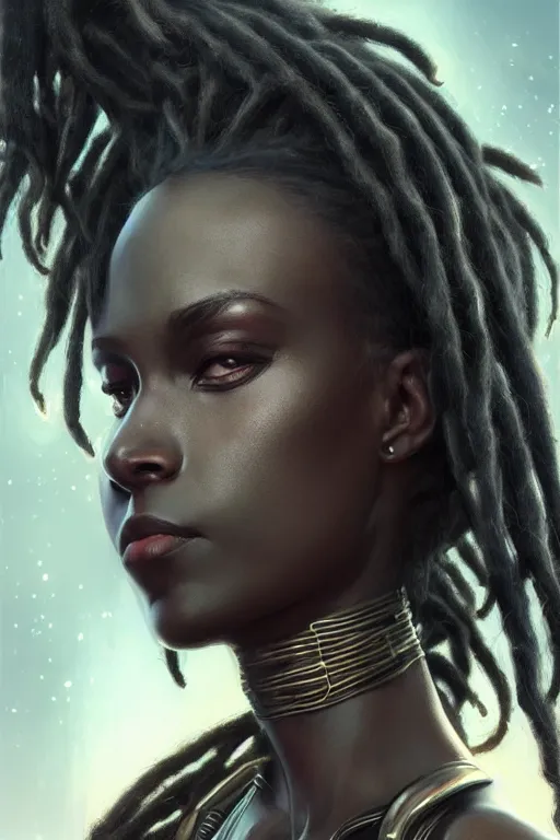 Prompt: ultra realistic illustration, closeup studio photo, black woman with dreads, hacknaut cyberpunk, sci - fi, fantasy, intricate, elegant, highly detailed, digital painting, artstation, concept art, smooth, sharp focus, illustration, art by artgerm and greg rutkowski and alphonse mucha