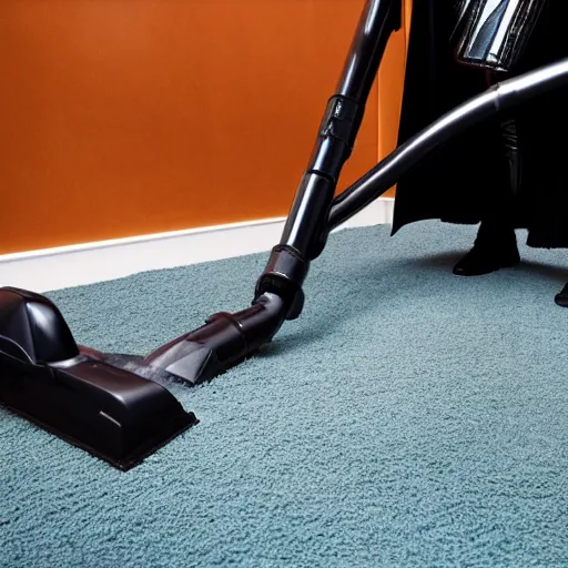 Image similar to a photo of darth vader vacuuming the carpet