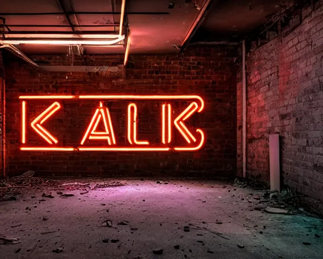 Image similar to An abandoned industial basement lit by a neon sign that says GAK, GAK sign, basement, cinematography by Robby Müller, GAK basement, industrial