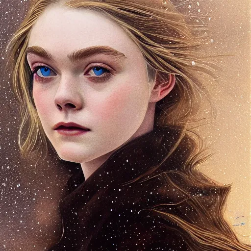 Prompt: professional painting of Elle Fanning in the style of Yoann Lossel, head and shoulders portrait, symmetrical facial features, smooth, sharp focus, illustration, intricate, stormy weather, extremely detailed masterpiece,