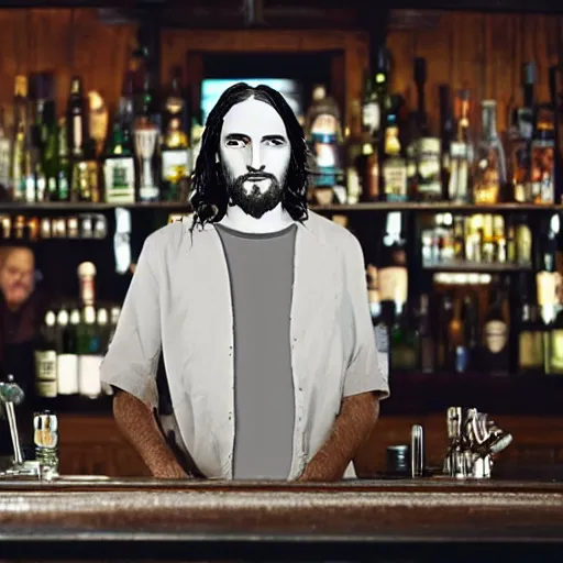 Image similar to a still of jesus sitting on a stool at the bar, last call. dark, smoky. he's looking to sin