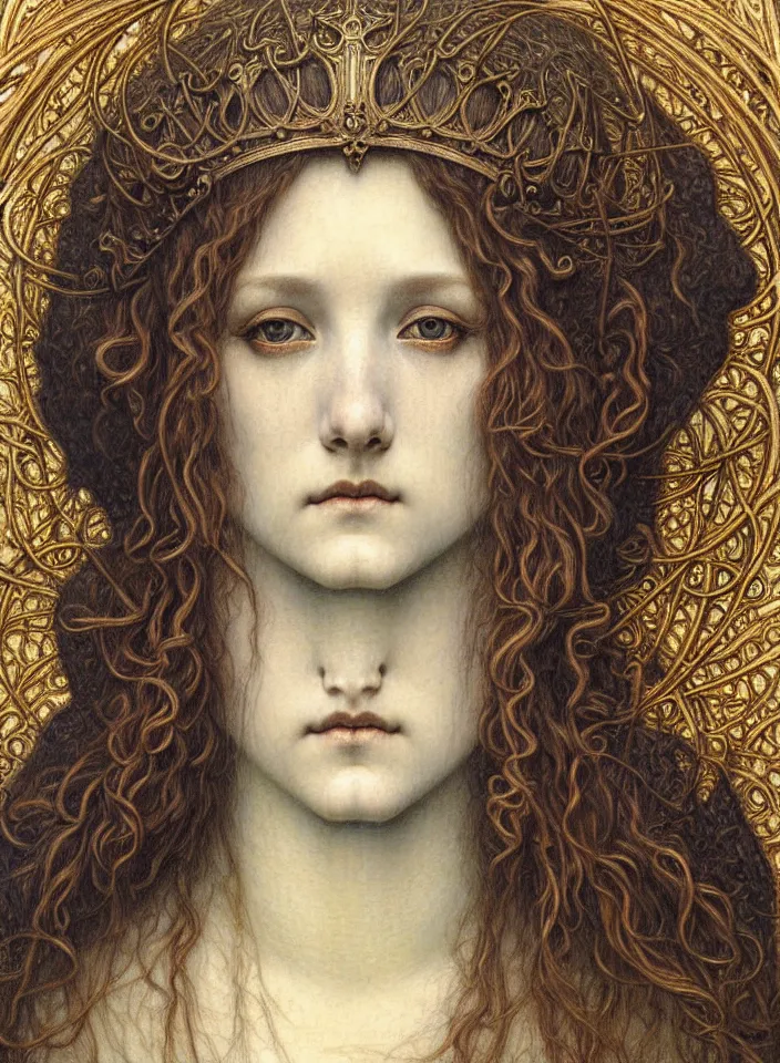 Image similar to detailed realistic beautiful young medieval queen face portrait by jean delville, gustave dore and marco mazzoni, art nouveau, symbolist, visionary, gothic, pre - raphaelite. horizontal symmetry