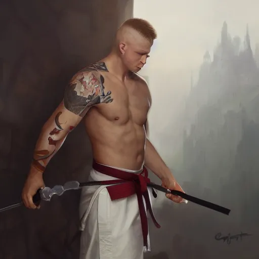 Prompt: A detailed matte oil on canvas painting of a young white male martial artist monk, orchid arm tattoos by greg rutkowski and artgerm, trending on artstationhd, dungeons and dragons art